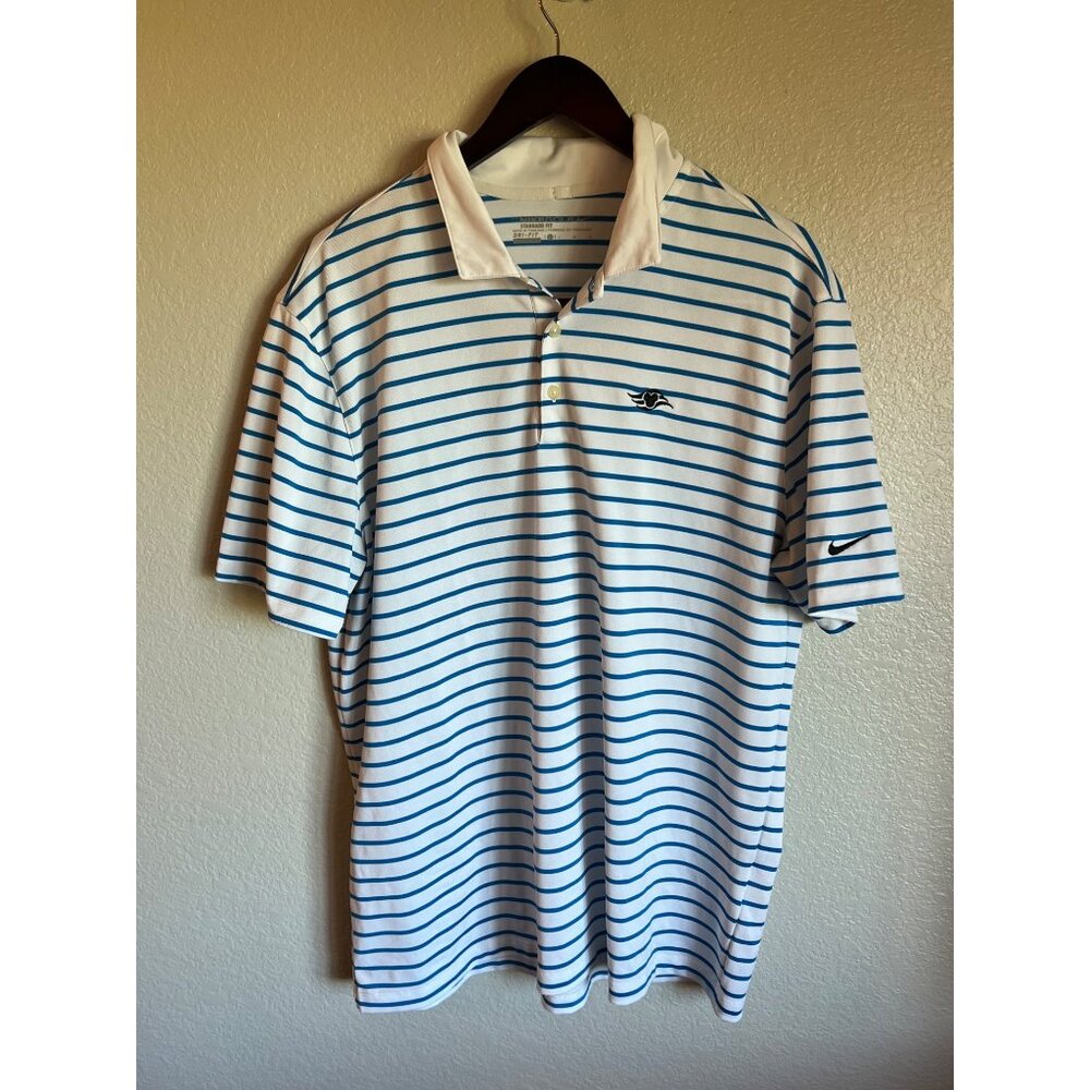 Nike Golf Mens Large Dri-FIT Striped Polo Shirt White Blue Disney Cruise Line